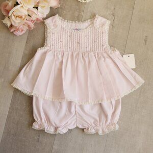 RARE Pink Heirloom Dress & Bloomer Pin Tuck Hand-Embroidery Vintage Lace 3 Month